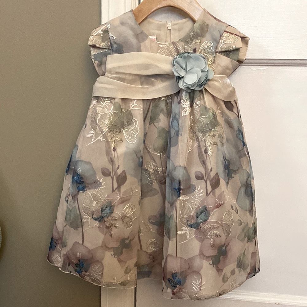 Toddler Girl Short Sleeved Burnout Lace Float With Self Sash And Flower Applique